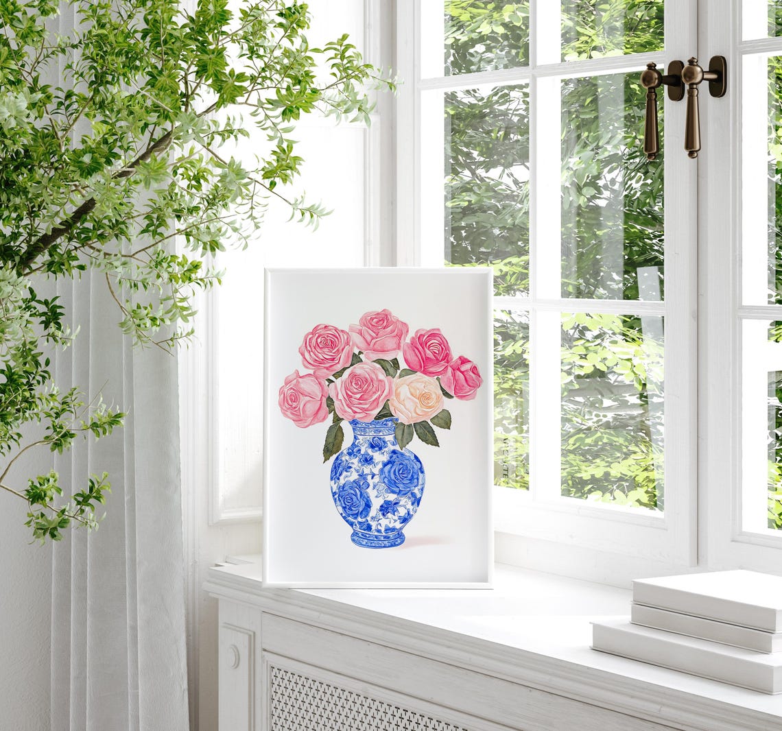 Fresh Blush Pink Roses In A Blue And White Porcelain Vase Poster - Image 2