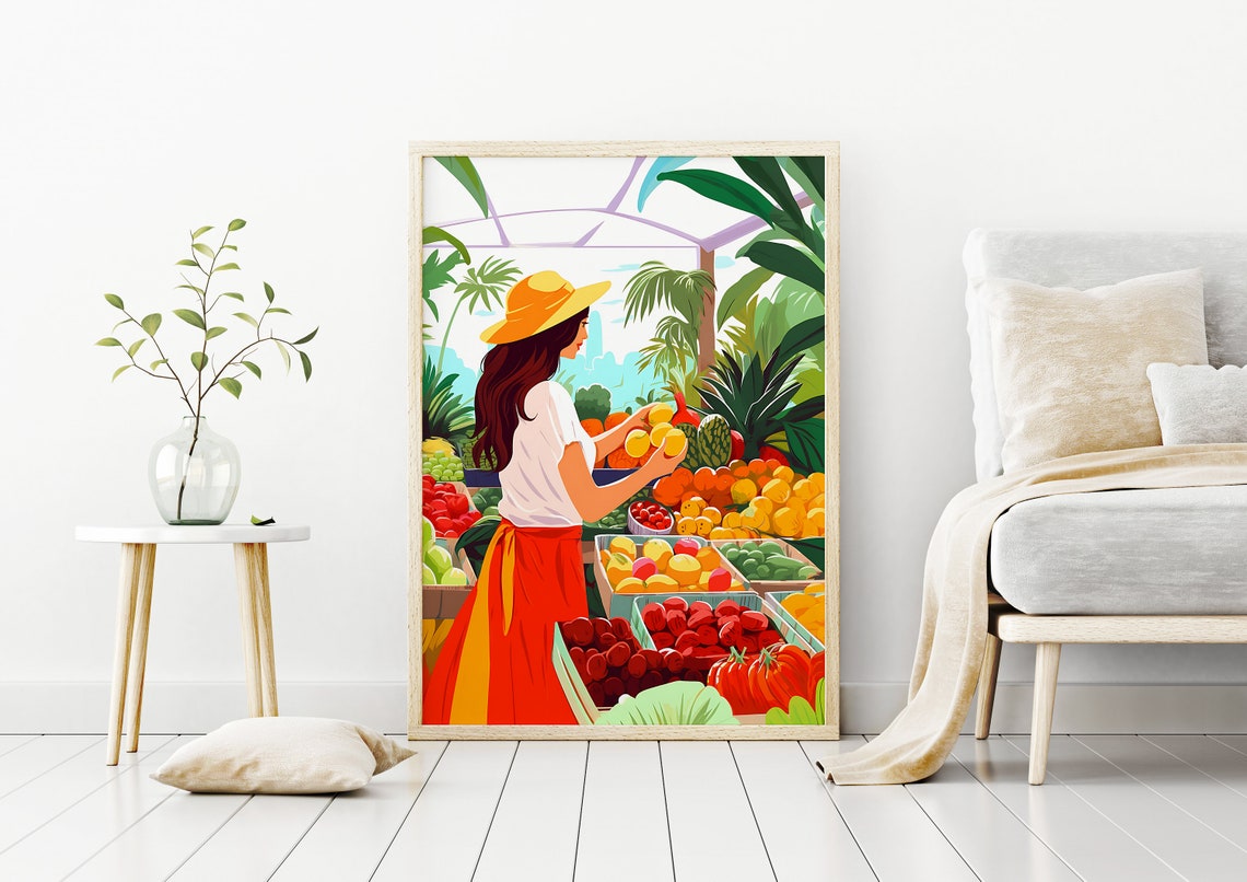 Tropical Fruit Market Vendor Yellow Hat Colorful Kitchen Wall Art