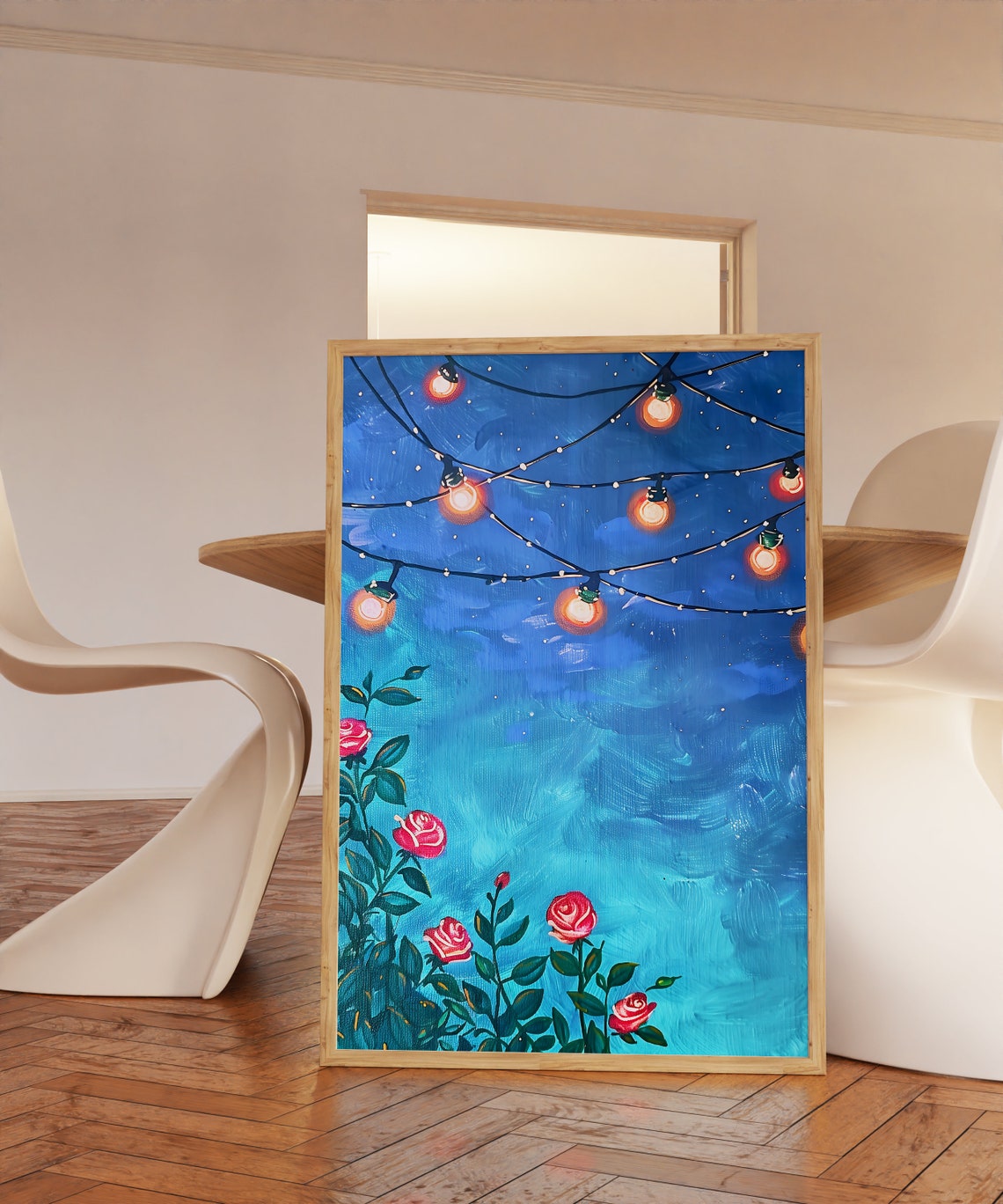 Red Roses Under Starry Night Sky String Lights Garden Poster - Image 2