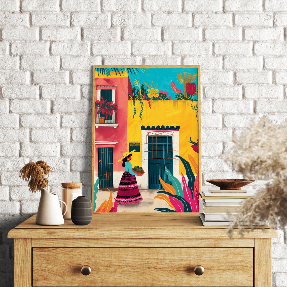 Mexican Street Scene Woman With Fruit Colorful Houses Art Print - Image 2