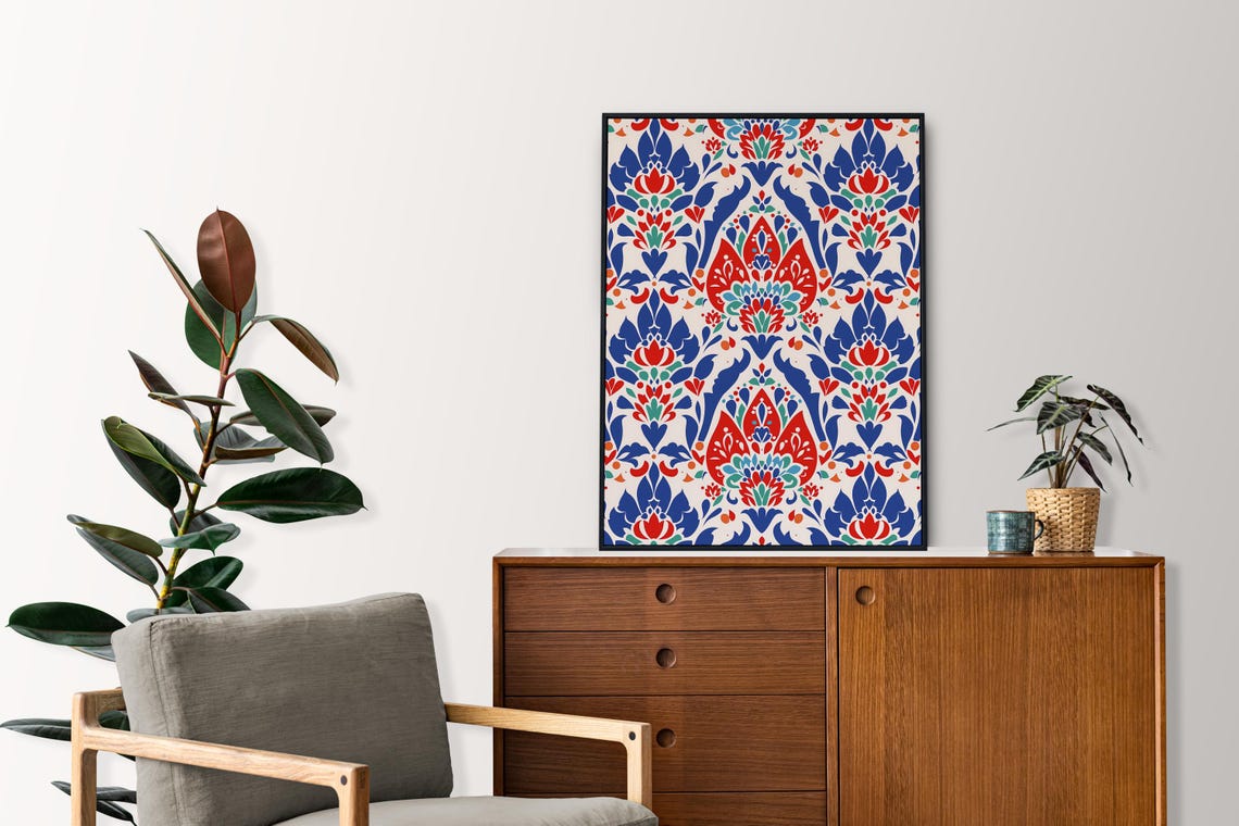 Turkish Ottoman Floral Pattern Red Blue Iznik Style Art Print - Image 2
