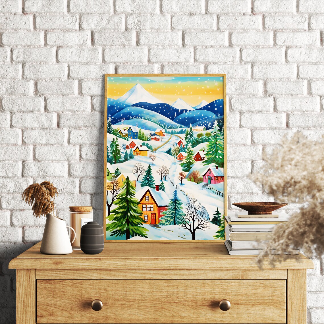 Christmas Town Art Print, Holiday Cottage Scene - Image 3