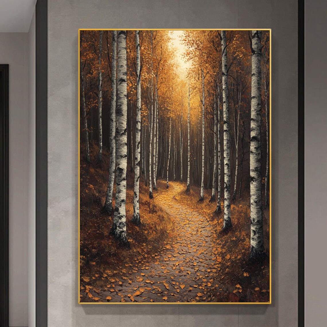 Golden Birch Forest Path Covered In Autumn Leaves Painting Poster