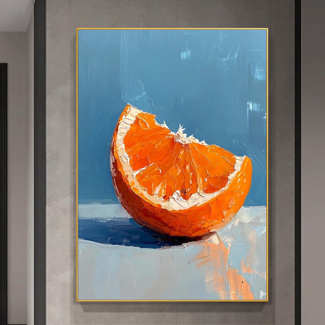 Fresh Orange Half Slice Impasto Still Life Blue Art Wall Poster