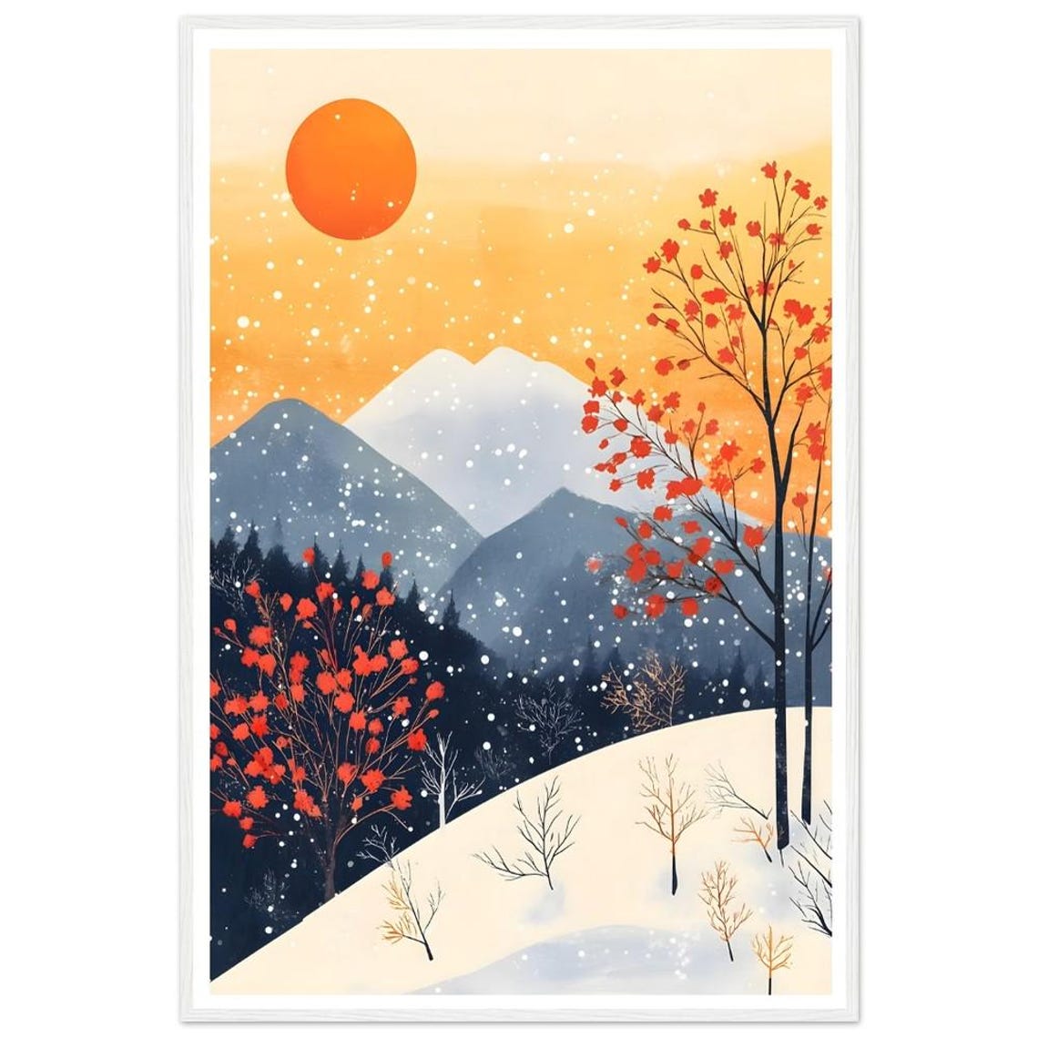 Warm Winter Sun Snowy Mountain Sunset Trees Japandi Style Art Print - Image 3