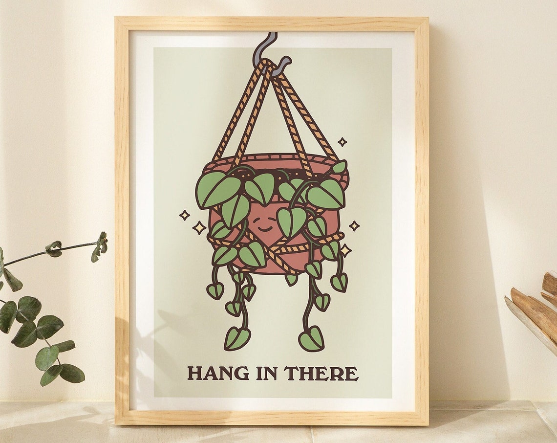 Hang In There Cute Hanging Plant Smiling Sage Green Quote Poster