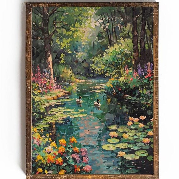 Summer Wall Art For Bathroom Decor Cottagecore Wall Decor Lilypad Pond Painting Vivid Summer Wall Decor Summer Cottagecore Art For Nursery