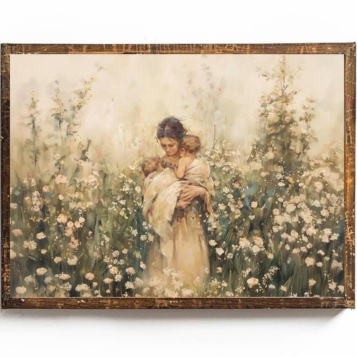 Mother Holding Two Children In Soft Flower Field Painting Poster