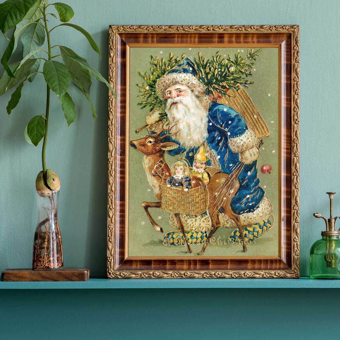 Vintage Santa Claus In Blue Coat Riding Reindeer Merry Christmas Poster - Image 3