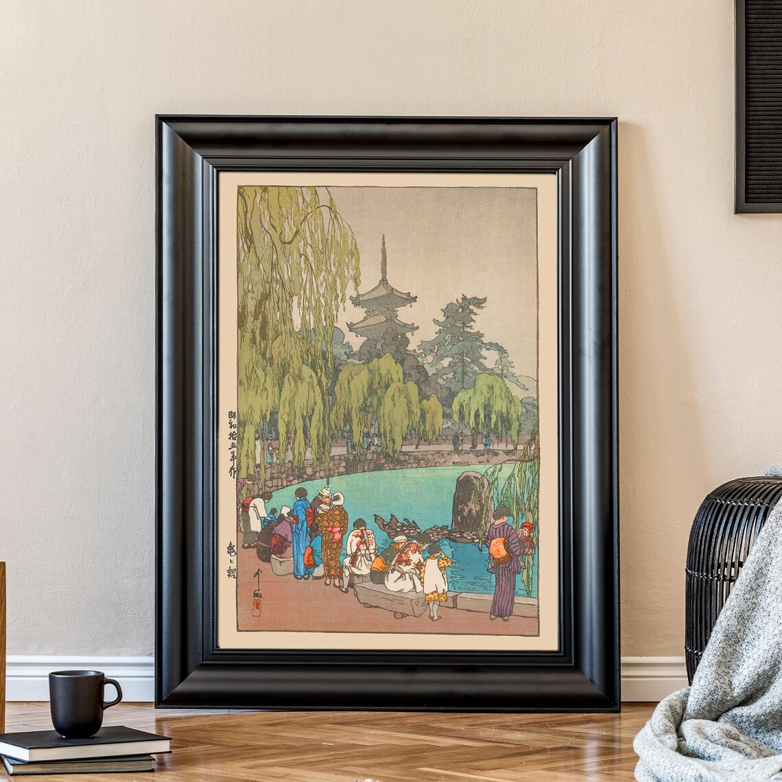 Japanese Pagoda Pond With Carp and Tortoises Vintage Woodblock Poster - Image 3