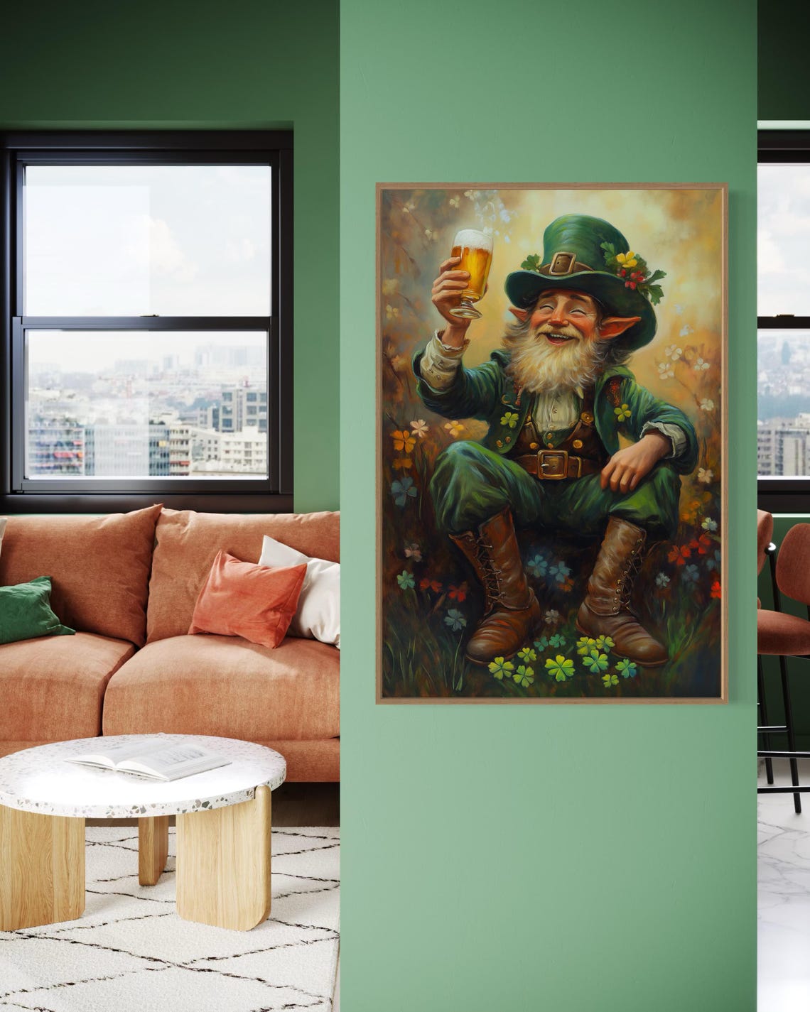 Cheerful Leprechaun Raising Beer Glass Among Shamrock Meadow Poster - Image 3