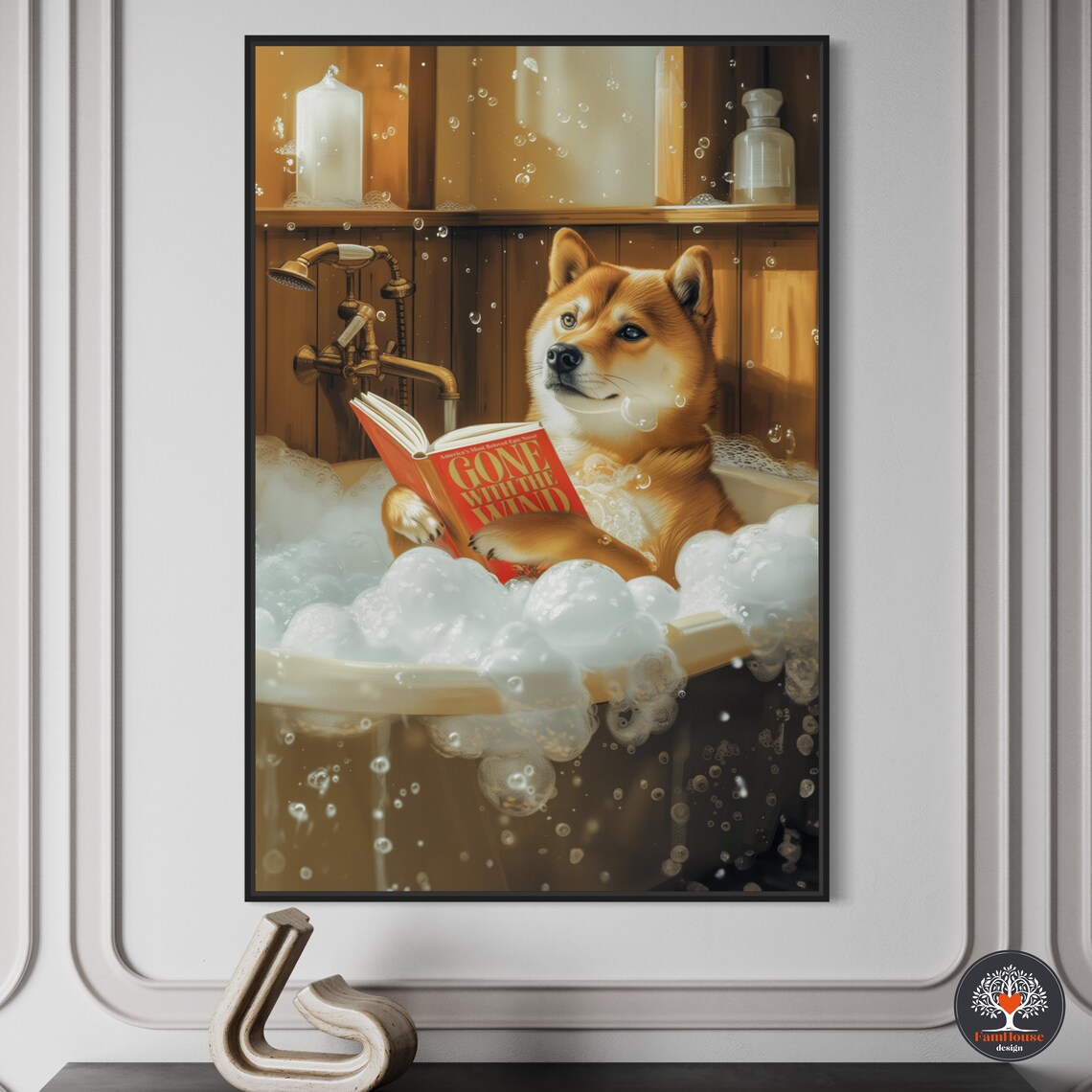Custom Shiba Inu Dog in Bathtub, Funny Bathroom Art Print