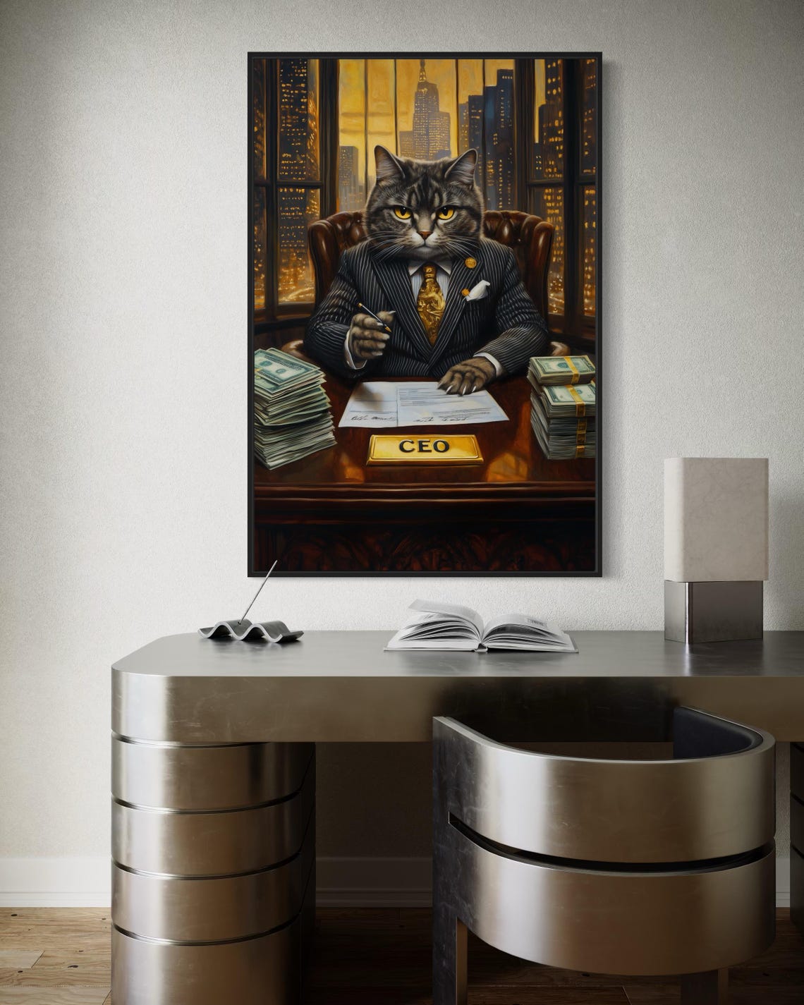 Tabby Cat CEO in Pinstripe Suit with Cash Stacks Office Poster - Image 2