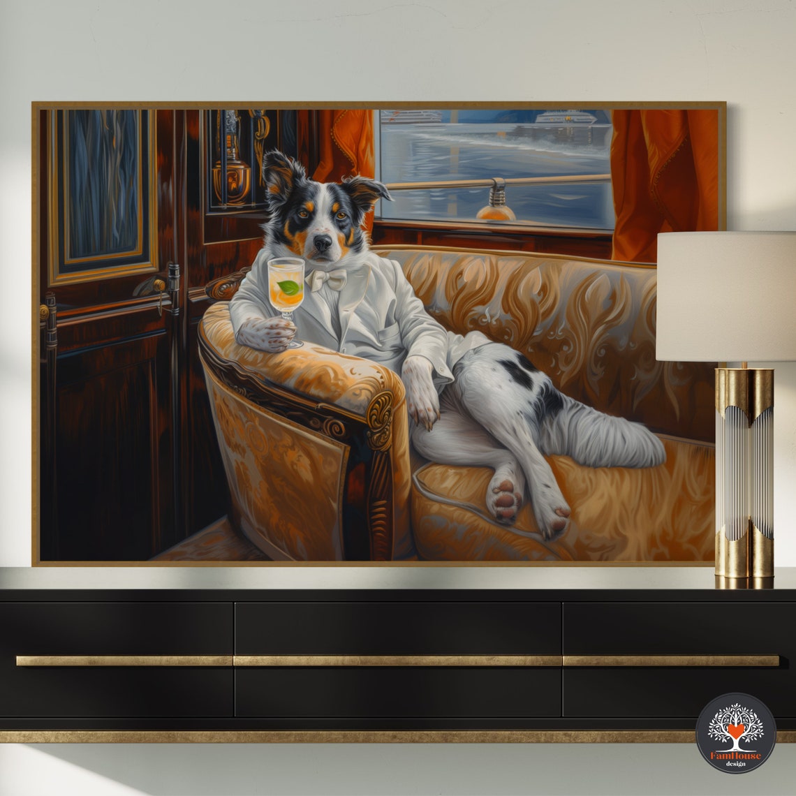 Australian Shepherd in White Tuxedo Lounging with Cocktail Poster
