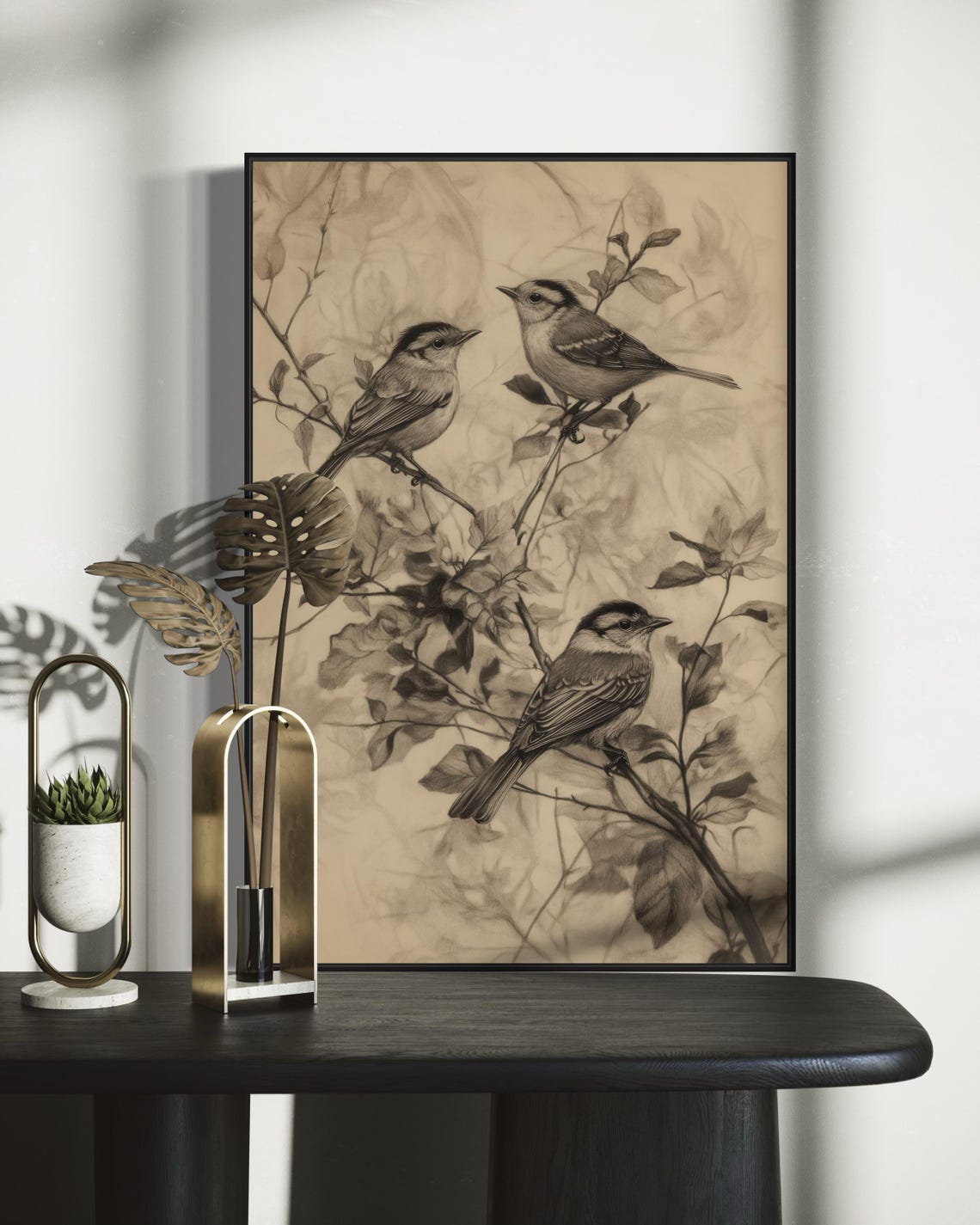 Three Songbirds on Branches Vintage Charcoal Sketch Art Poster - Image 4
