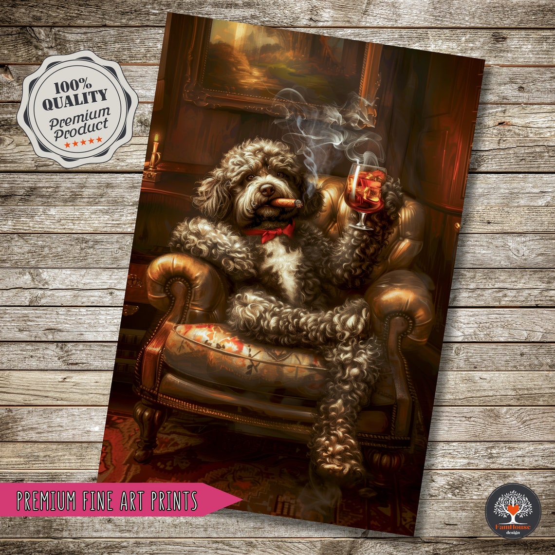 Curly Brown Dog Gentleman Lounging with Cigar and Whiskey Poster - Image 3
