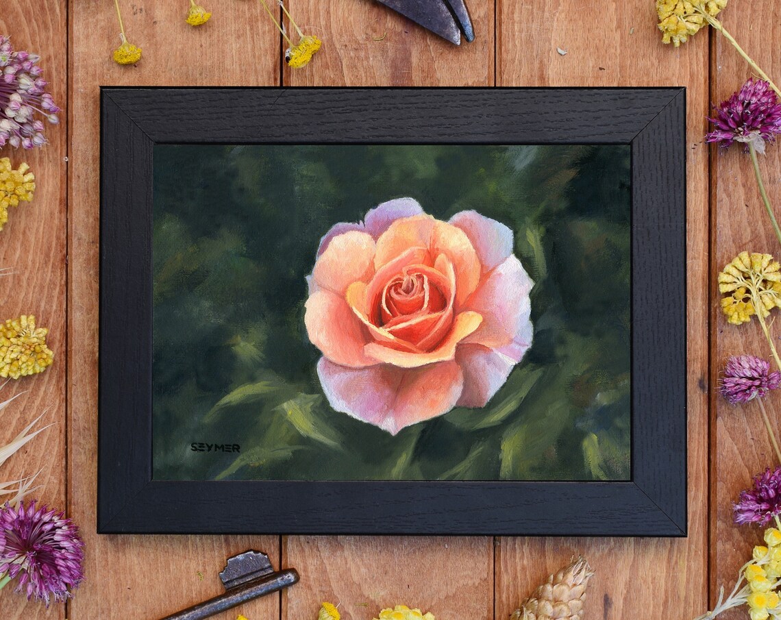Peach Rose Bloom Close-Up Still Life Floral Oil Painting Poster