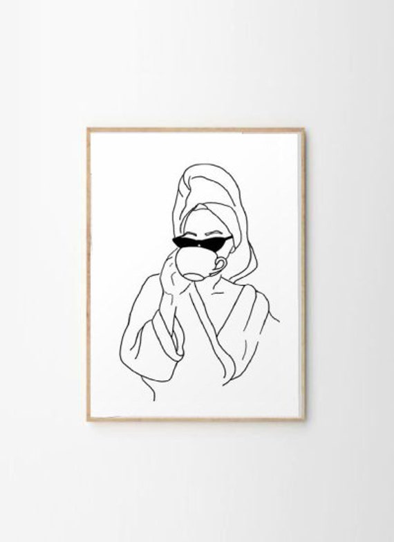 Bathroom Line Art Woman In Robe Woman Art Bathroom Print Modern Bathroom Prints Bathroom Wall Decor