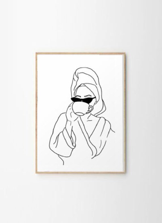 Woman in Robe Coffee Cup Minimalist Line Art Wall Decor Poster