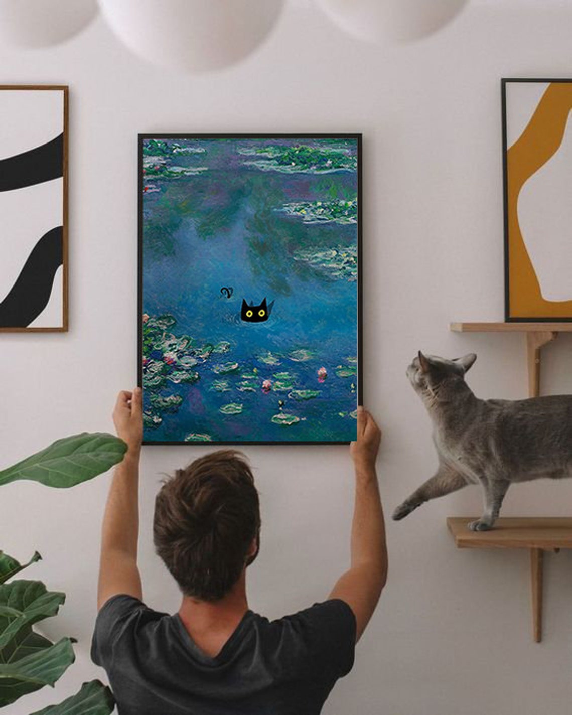 Claude Monet Water Lilies Black Cat Swimming Art Masterpiece Poster - Image 3
