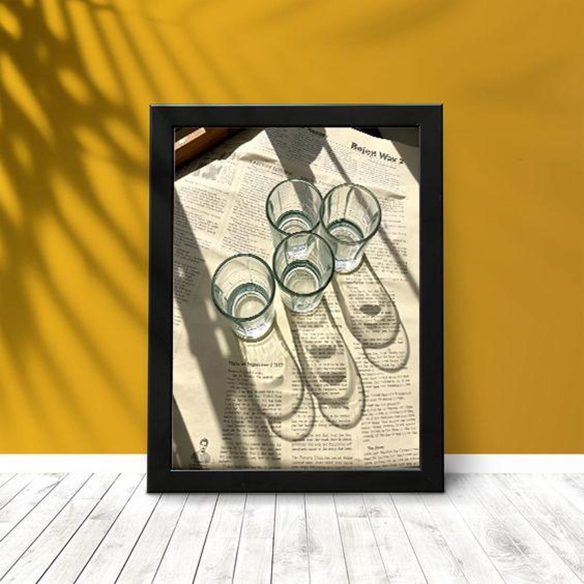 Clear Glass Cups Vintage Newspaper Sunlit Shadow Play Photo Poster - Image 4
