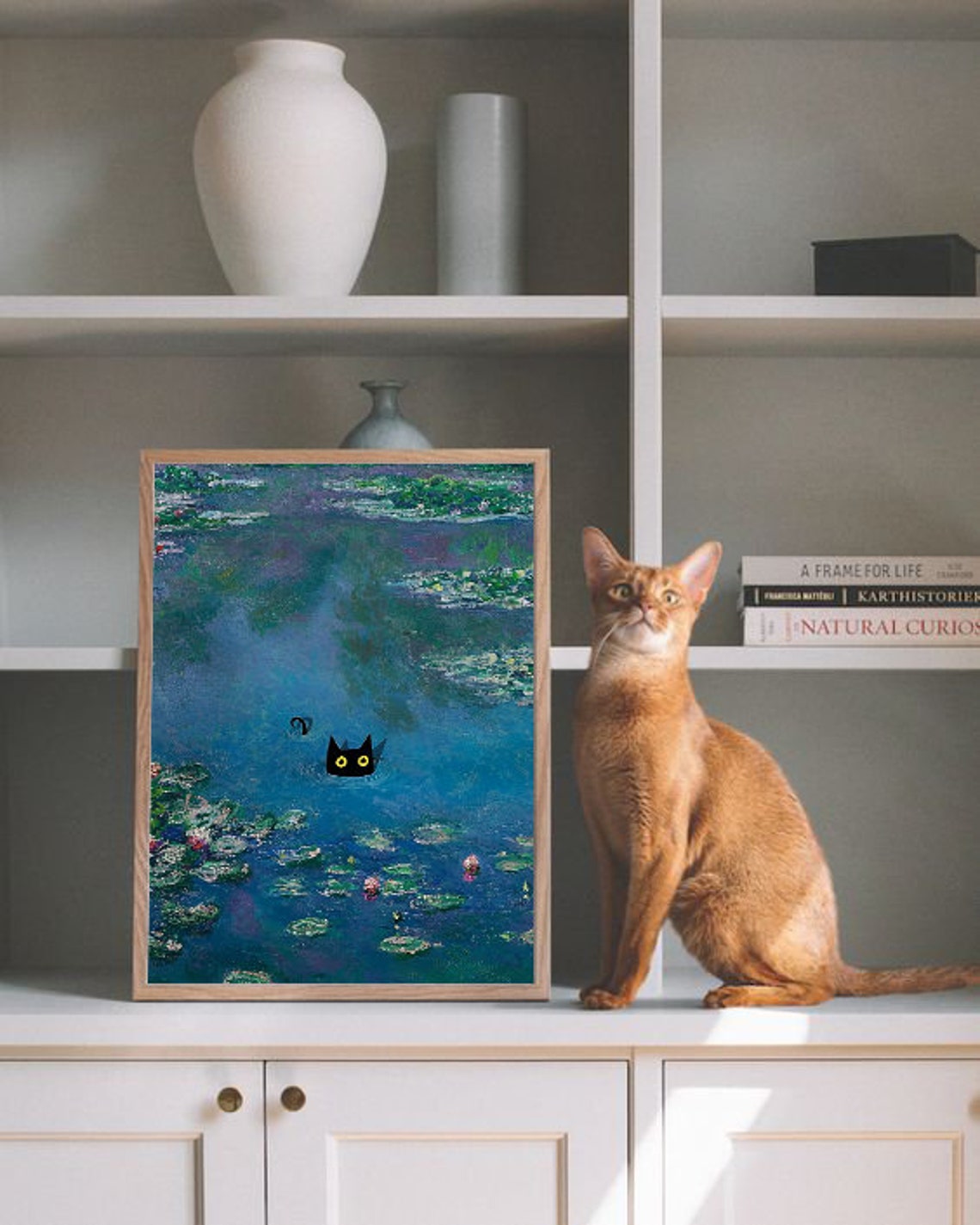 Claude Monet Water Lilies Black Cat Swimming Art Masterpiece Poster - Image 2