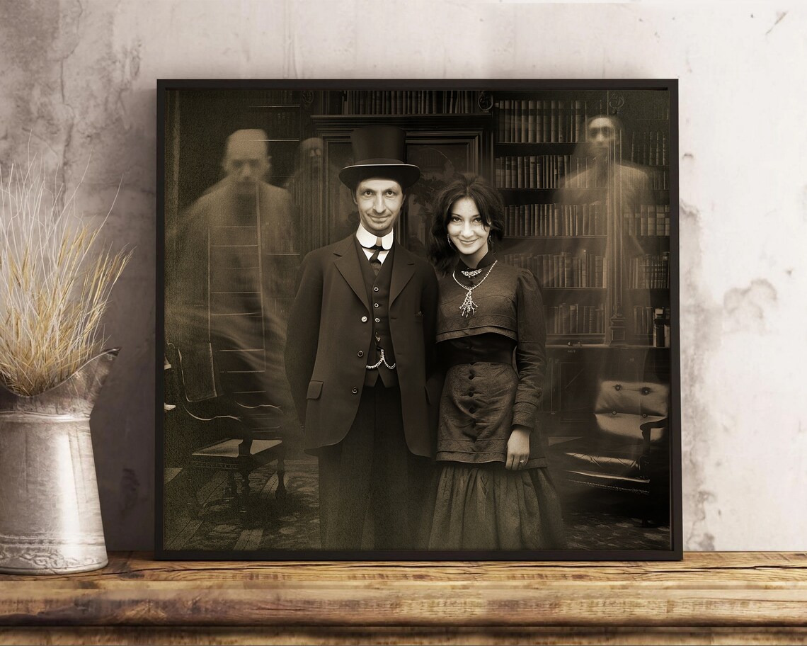 Custom Ghostly Couple Halloween Portrait Sepia Victorian Art Poster