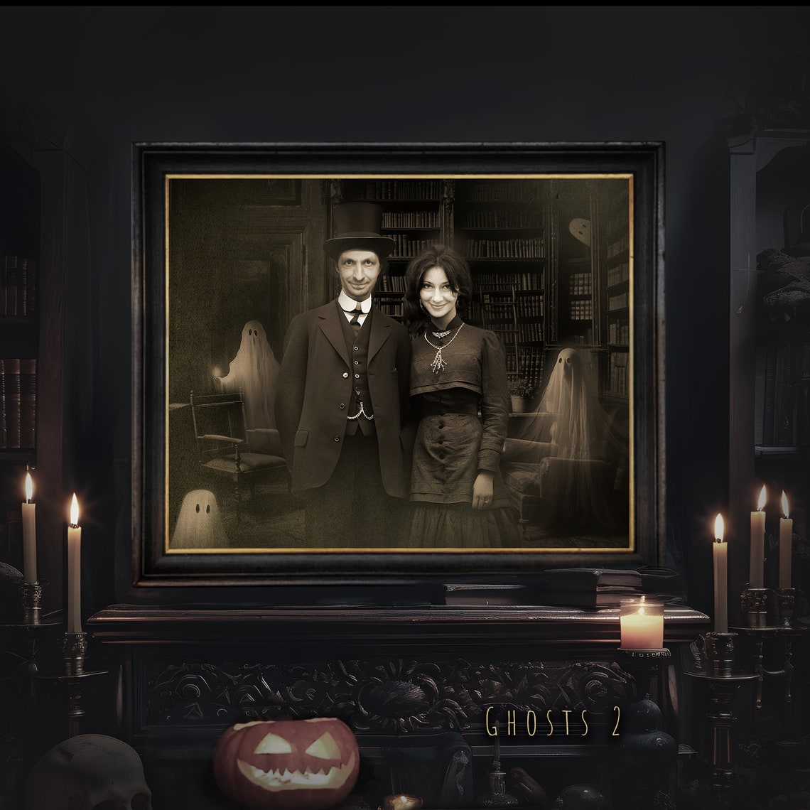 Custom Ghostly Couple Halloween Portrait Sepia Victorian Art Poster - Image 4