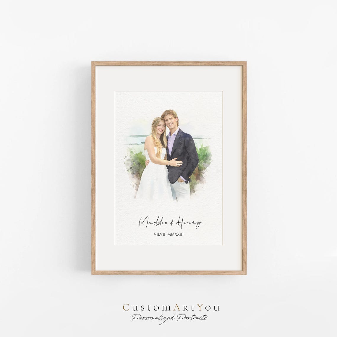 Wedding Couple with Black Dog Custom Watercolor Portrait Poster - Image 4