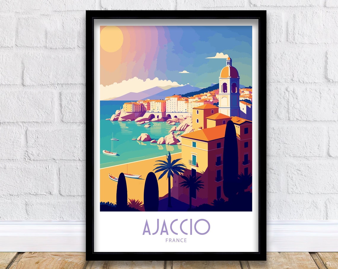 Ajaccio France Sunset Waterfront Church Tower Palms Art Poster