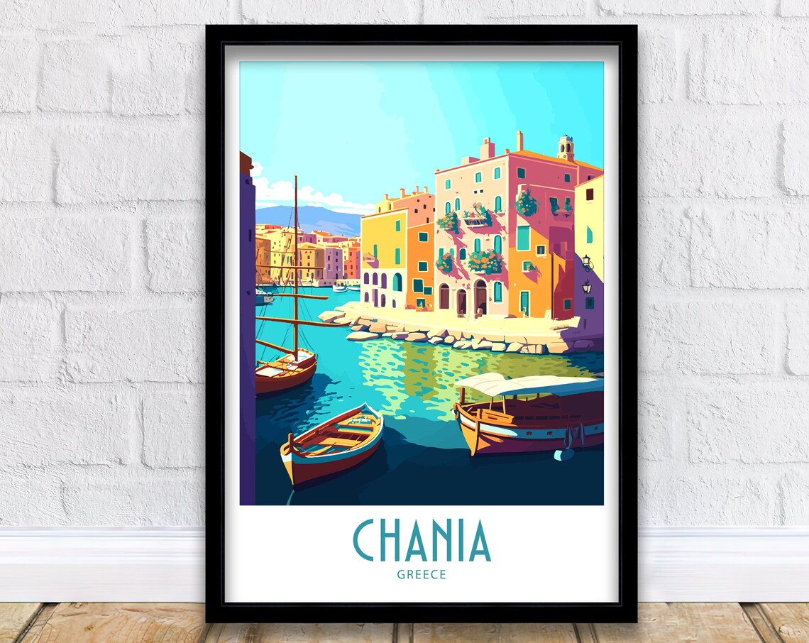 Chania Greece Old Harbour Colourful Waterfront Boats Travel Poster