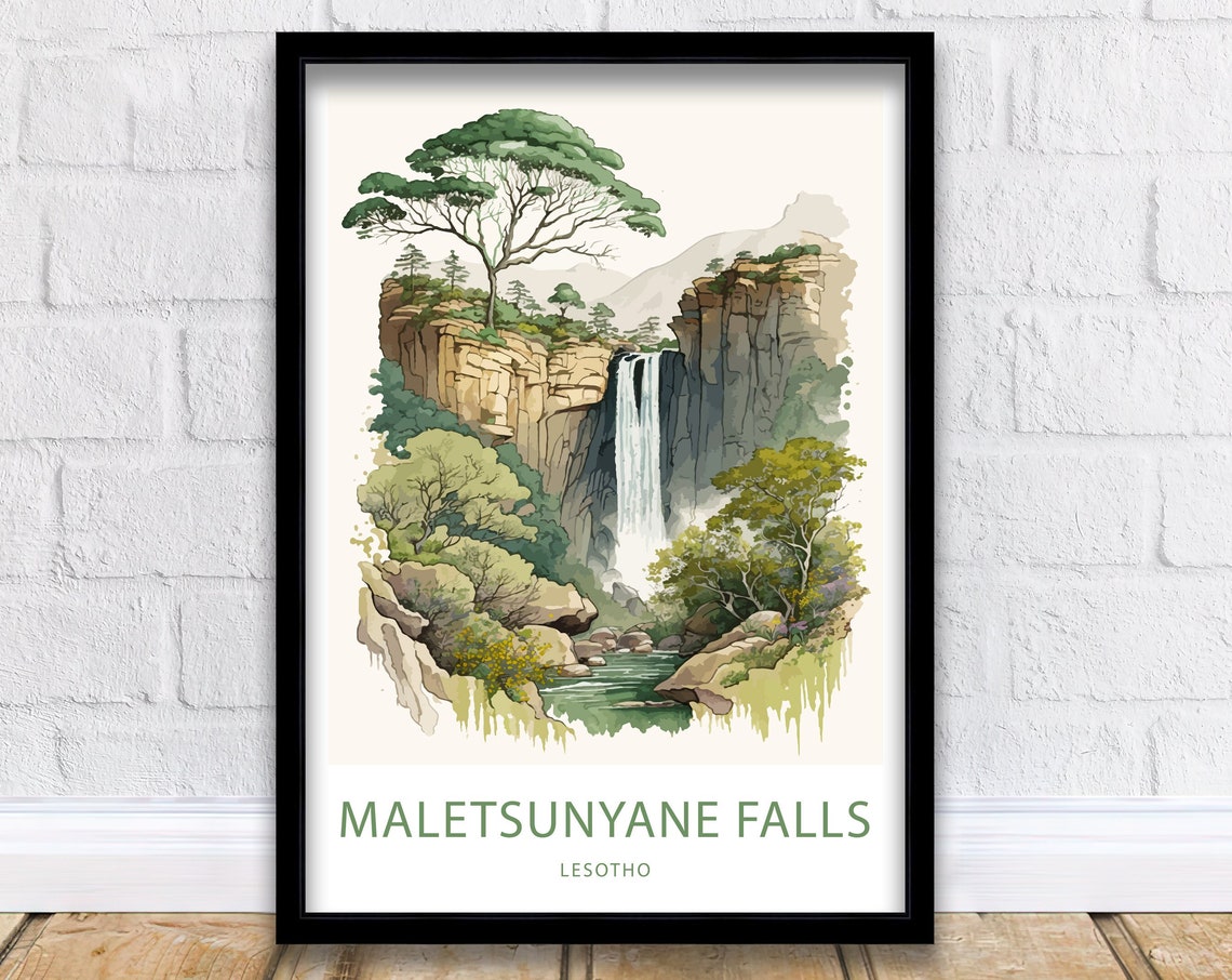 Maletsunyane Falls Lesotho Waterfall Cliffs Watercolor Nature Poster