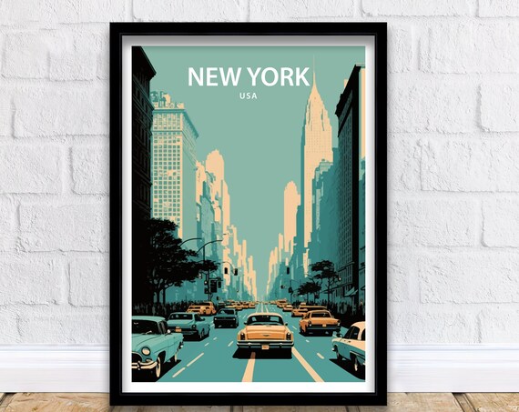 New York Vintage Cars Busy Manhattan Avenue Retro Travel Poster