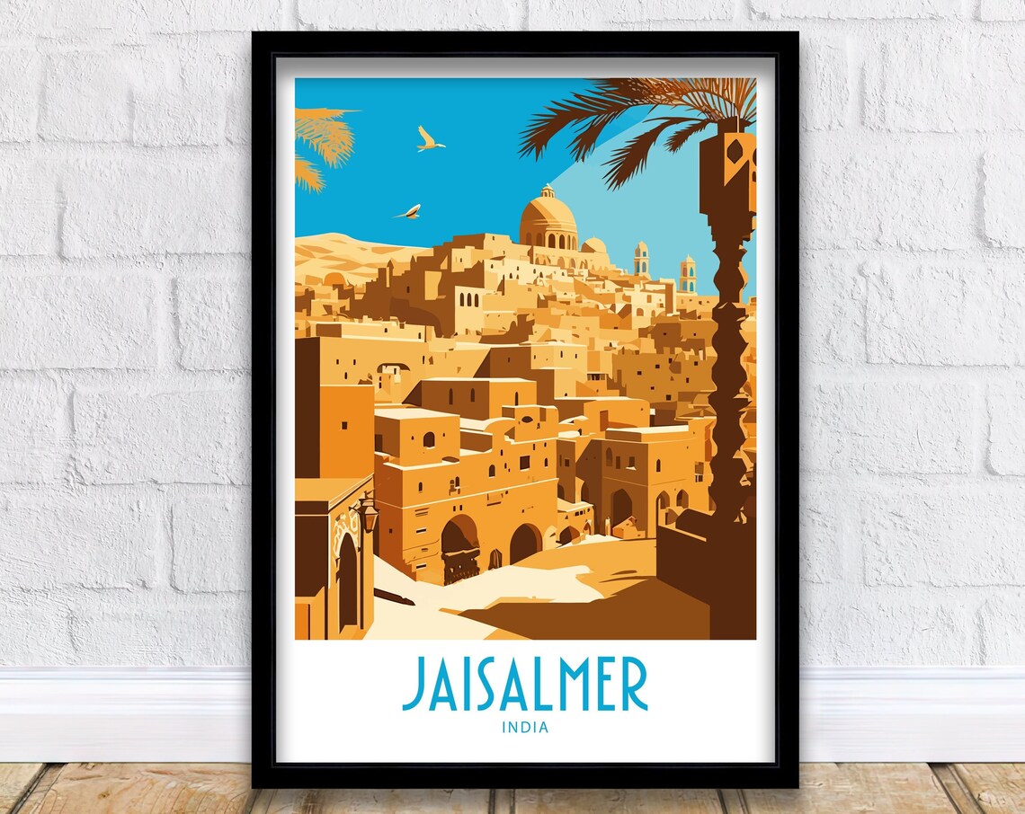 Jaisalmer India Golden Fort Desert City Palm Trees Vintage Poster