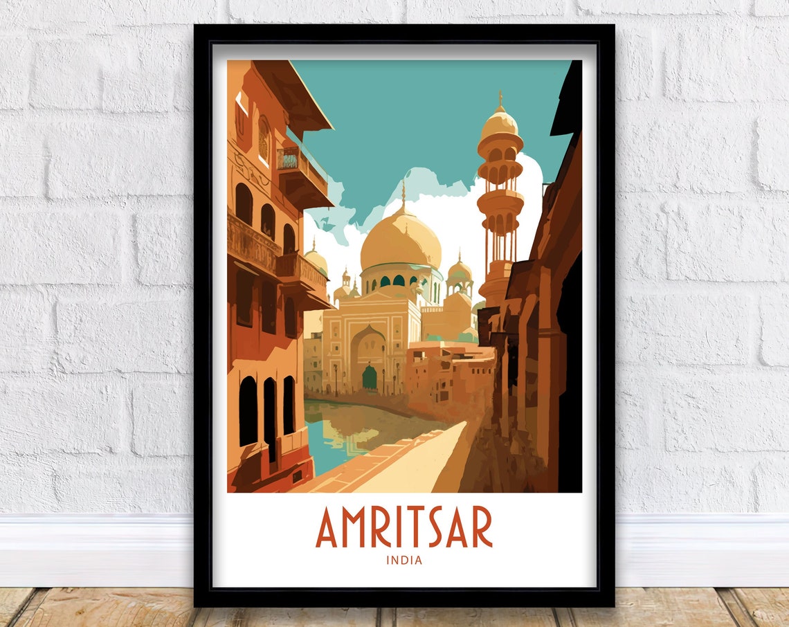 Amritsar India Golden Dome Temple Canal Street Old City Art Poster