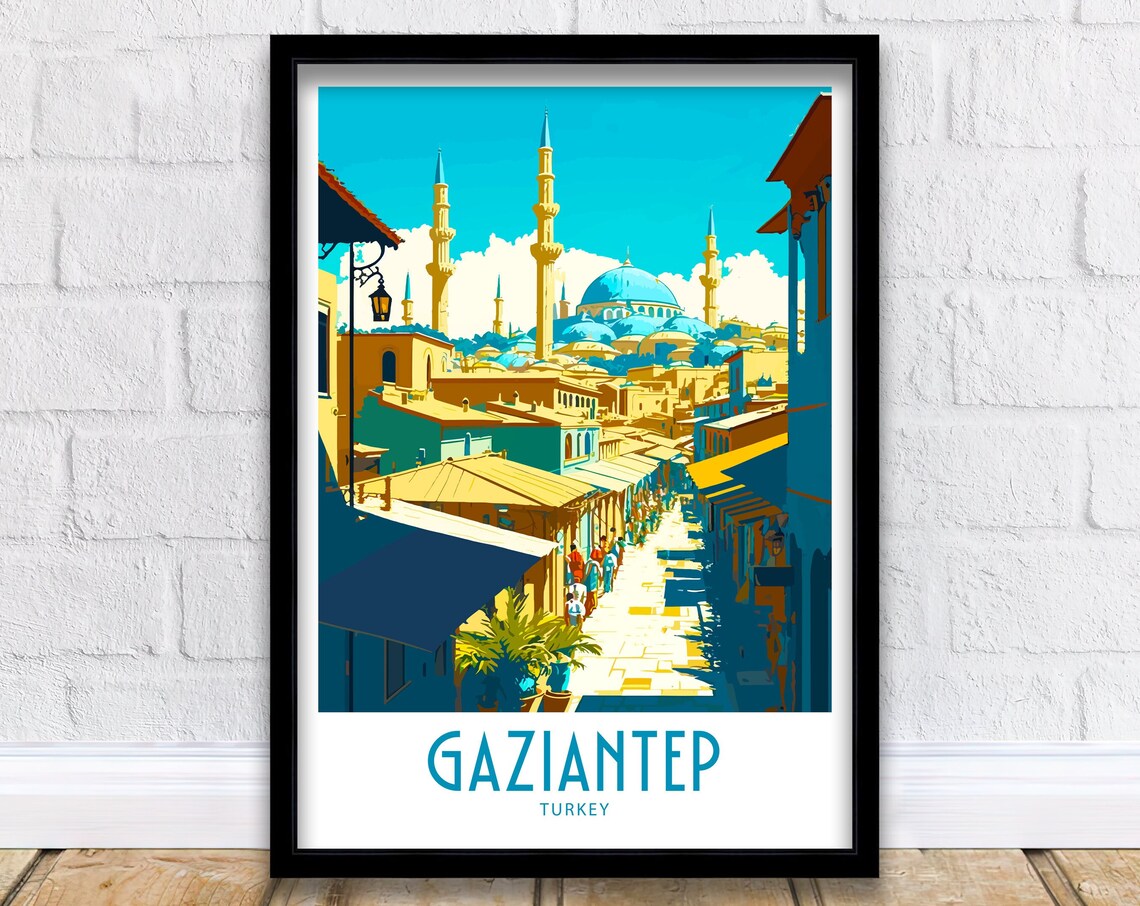 Gaziantep Turkey Old Bazaar Mosque Skyline Vintage Travel Poster