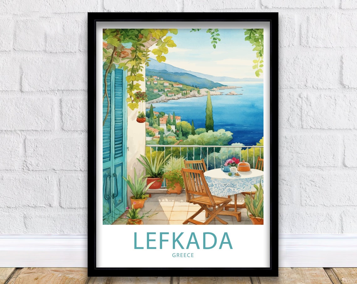 Lefkada Greece Sunny Terrace Sea View Watercolor Travel Poster