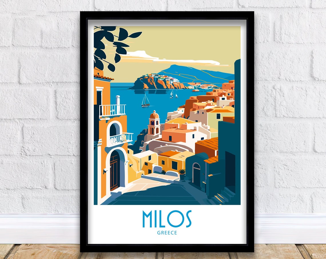 Milos Greece Golden Hour Harbor Town Sailboats Travel Art Poster