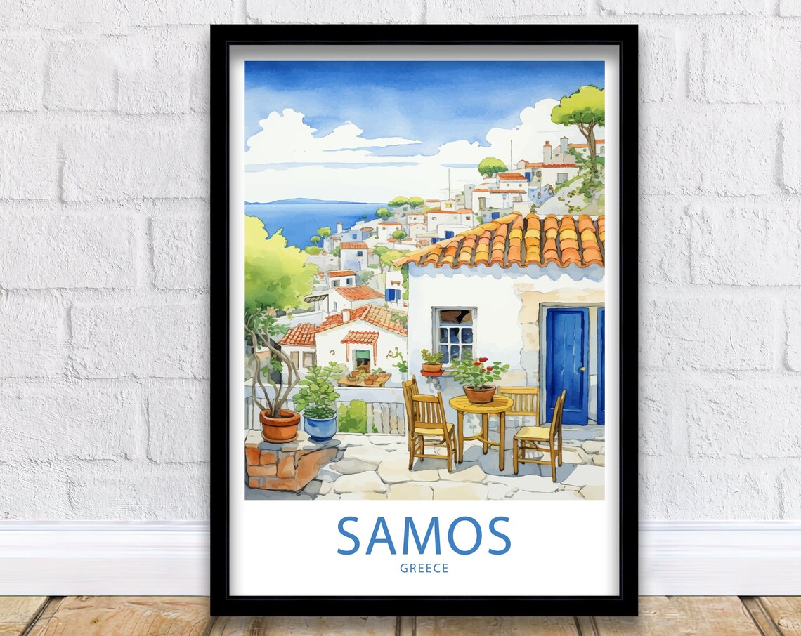 Samos Greece Sunlit Terrace Village View Watercolor Travel Poster