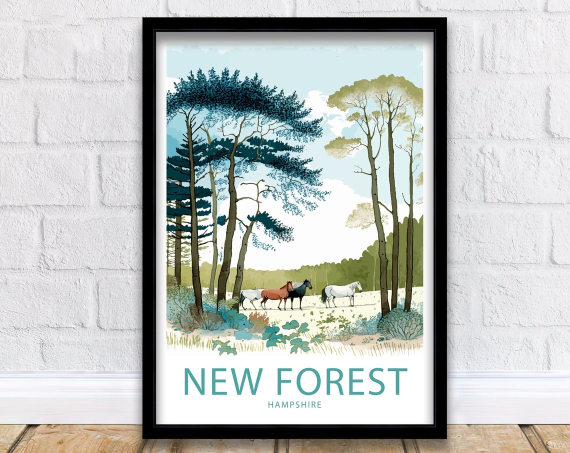 New Forest Hampshire Wild Horses Tall Pines Vintage Style Poster