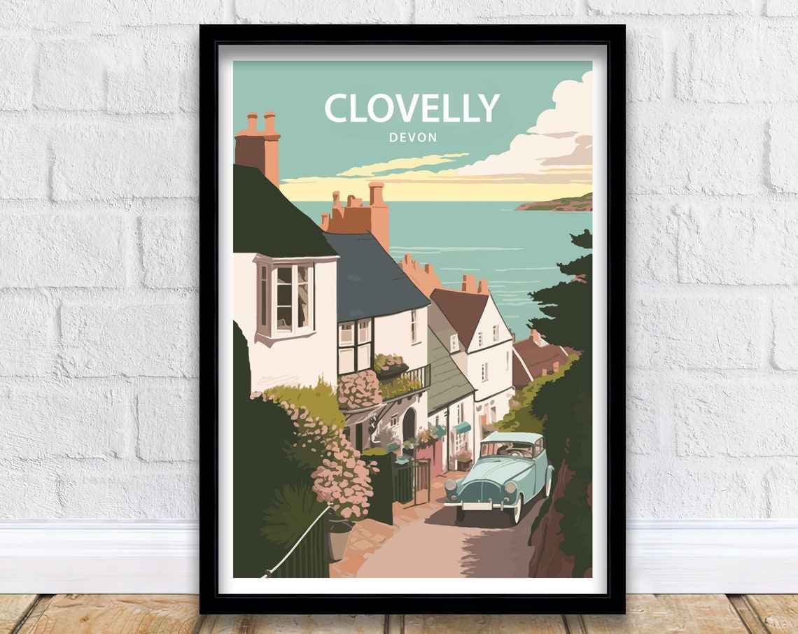 Clovelly Devon Steep Cobbled Street And Vintage Car Sea View Poster