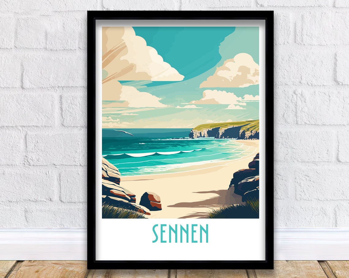 Sennen Cornwall Golden Beach Surf Seagull Retro Travel Poster