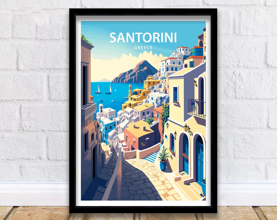Santorini Greece Village Street Steps Caldera View Travel Poster