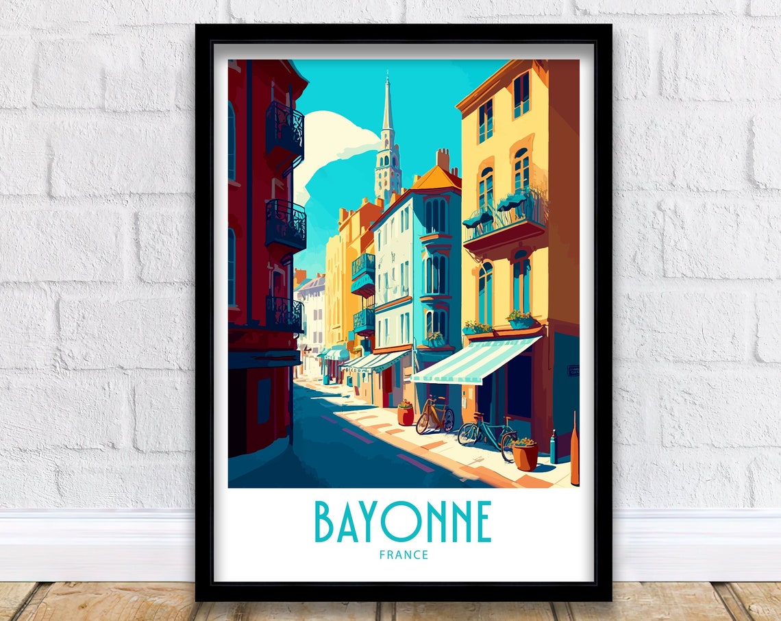 Bayonne France Charming Old Town Street Scene Vintage Travel Poster