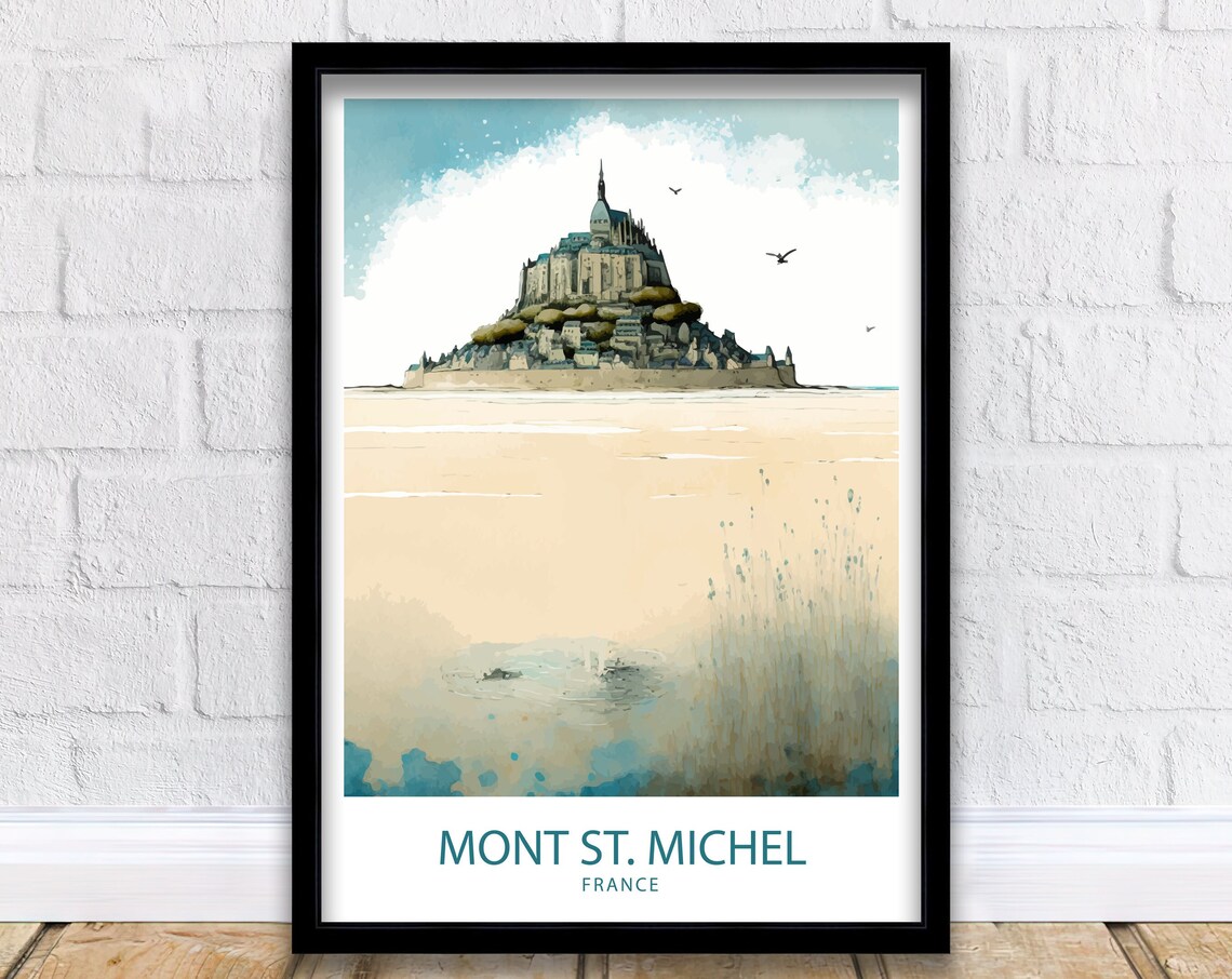 Mont St Michel France Misty Beach Minimalist Watercolor Poster