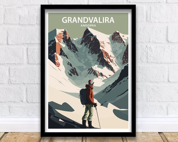 Grandvalira Andorra Hiker Snowy Peaks Pyrenees Travel Poster