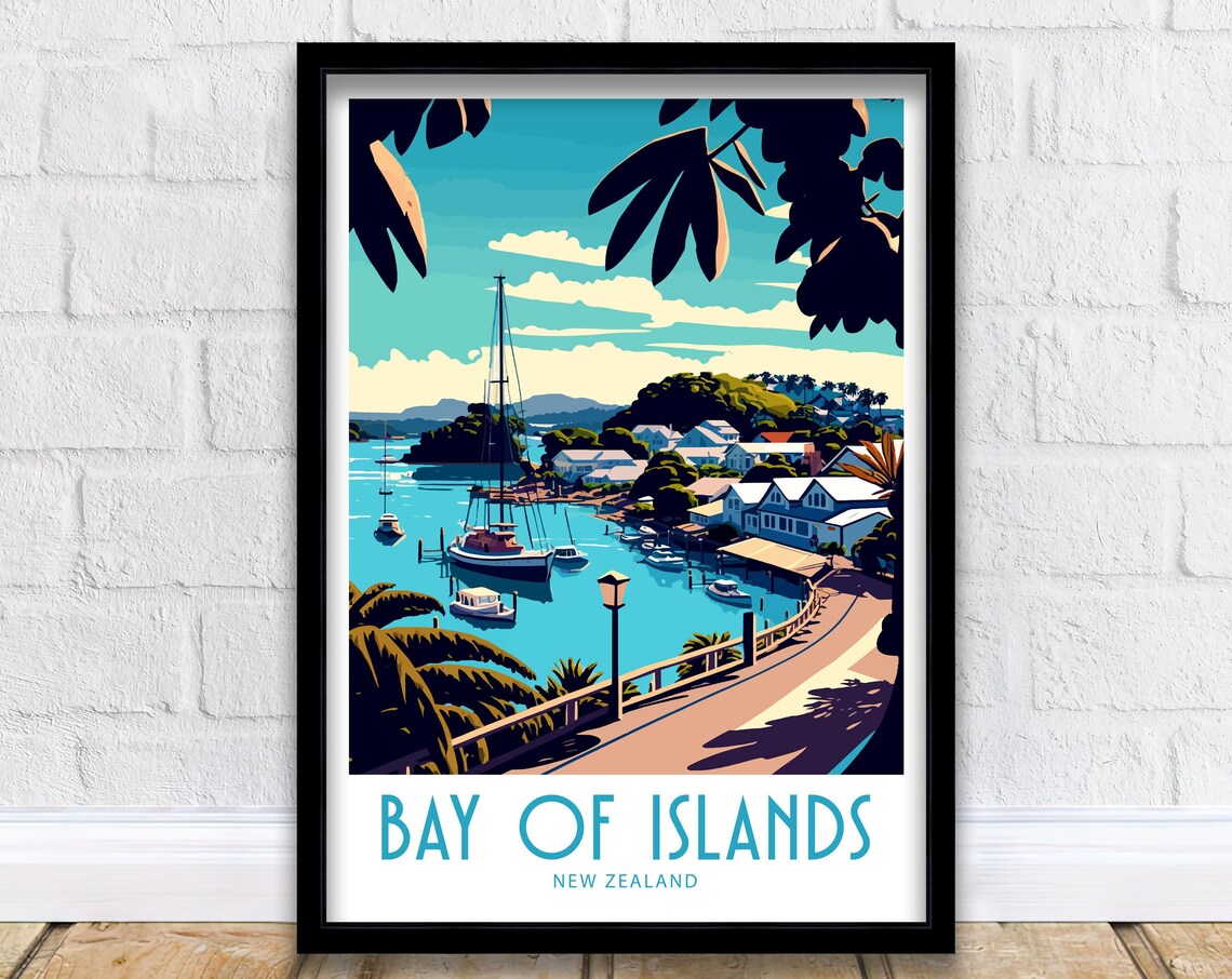 Bay Of Islands Travel Poster, New Zealand Travel Art