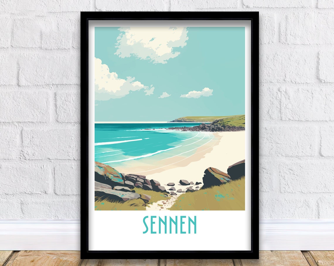 Sennen Cornwall Turquoise Cove Sandy Beach Retro Travel Poster