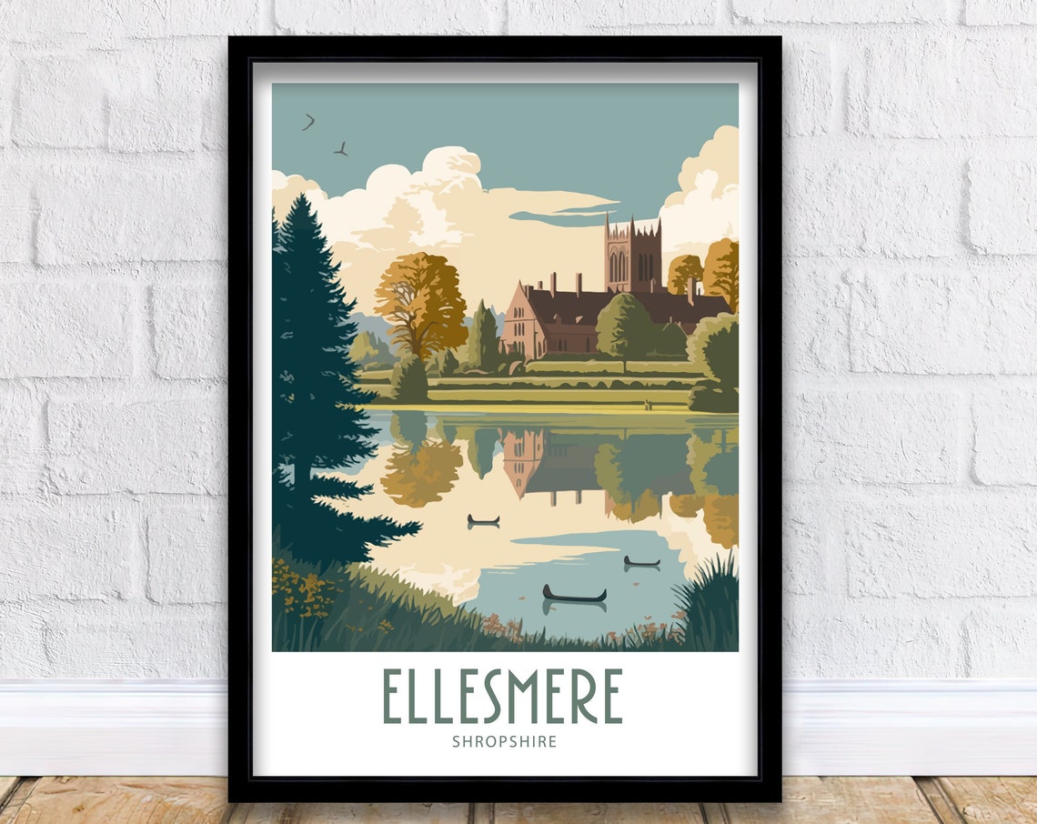Ellesmere Shropshire Lake Reflection And Autumn Abbey Travel Poster