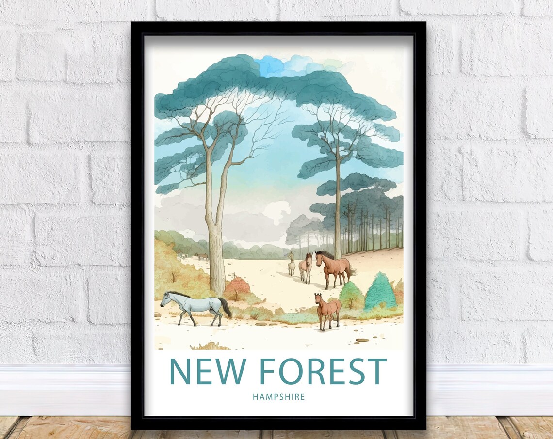 New Forest Hampshire Horses Clearing Pine Trees Watercolor Poster